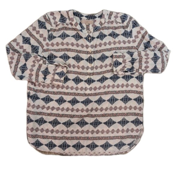 LOFT Tops - LOFT Womens XL Long Sleeve Boho Geometric Blouse Ivory Blue Tunic Top